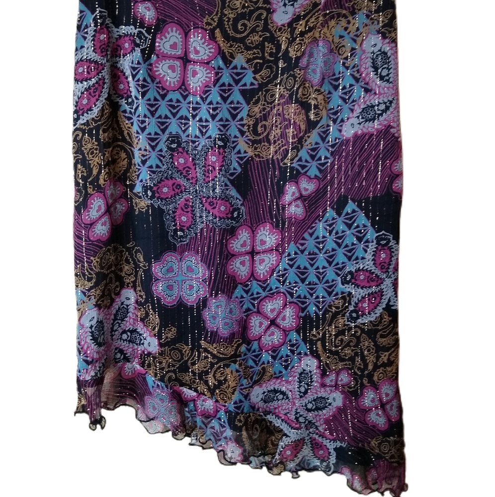 Vtg bentley a. Silk Skirt Dark Floral Ruffle Gold Thread Side Zip Size M EUC